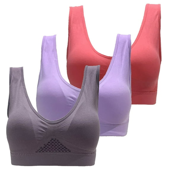 3 Pack Sports Bras for Women Wirefree Mesh Breathable Underwear with Pads Push up Bra Plus Size(Dark Purple/Purple/Red,XL)