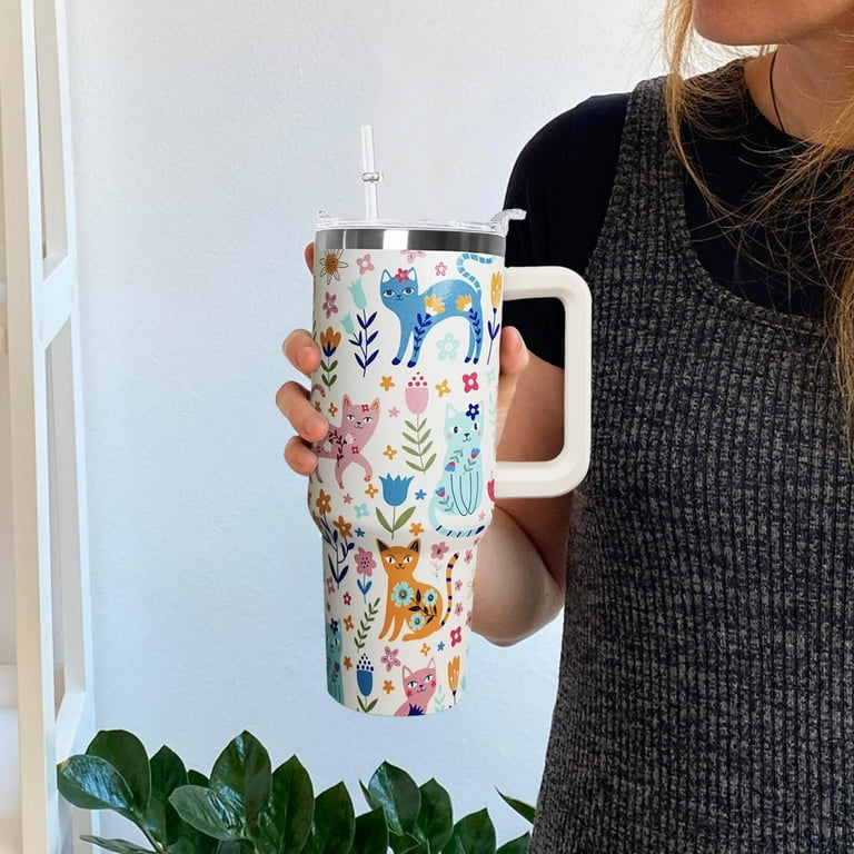 30 Oz Tumbler with Handle - Insulated Coffee Travel Mug & Water Bottle,  Cat-Themed Design - Perfect Gift for Cat Ladies