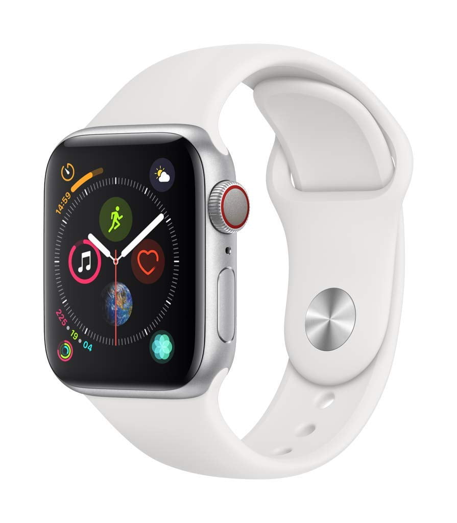 Restored Apple Watch Series 4 (GPS + Cellular, 40 mm) Silver Aluminum Case with Silver Sport Band Bundle 5 Bonus Bands, Charging Stand, Screen Protector, & 2 amp charger (Refurbished)