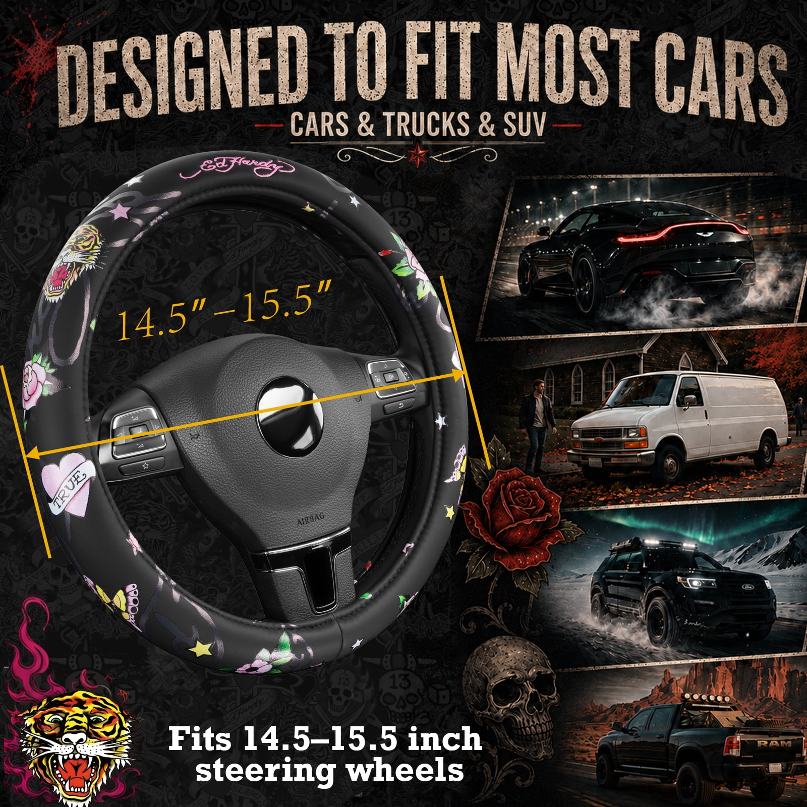 Ed Hardy Steering Wheel Cover, Tiger Print Steering Wheel Cover,Leather Steering Wheel Cover Non-Slip, Universal Fit for Cars SUV Truck, Fits 14.5"–15"