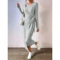 thumbnail image 4 of Womens Long Sleeve Sweater Dress Crew Neck Slim Fit Slit Tie Ribbed Knit Bodycon Midi Dress Fall Outfits Gray XL, 4 of 10