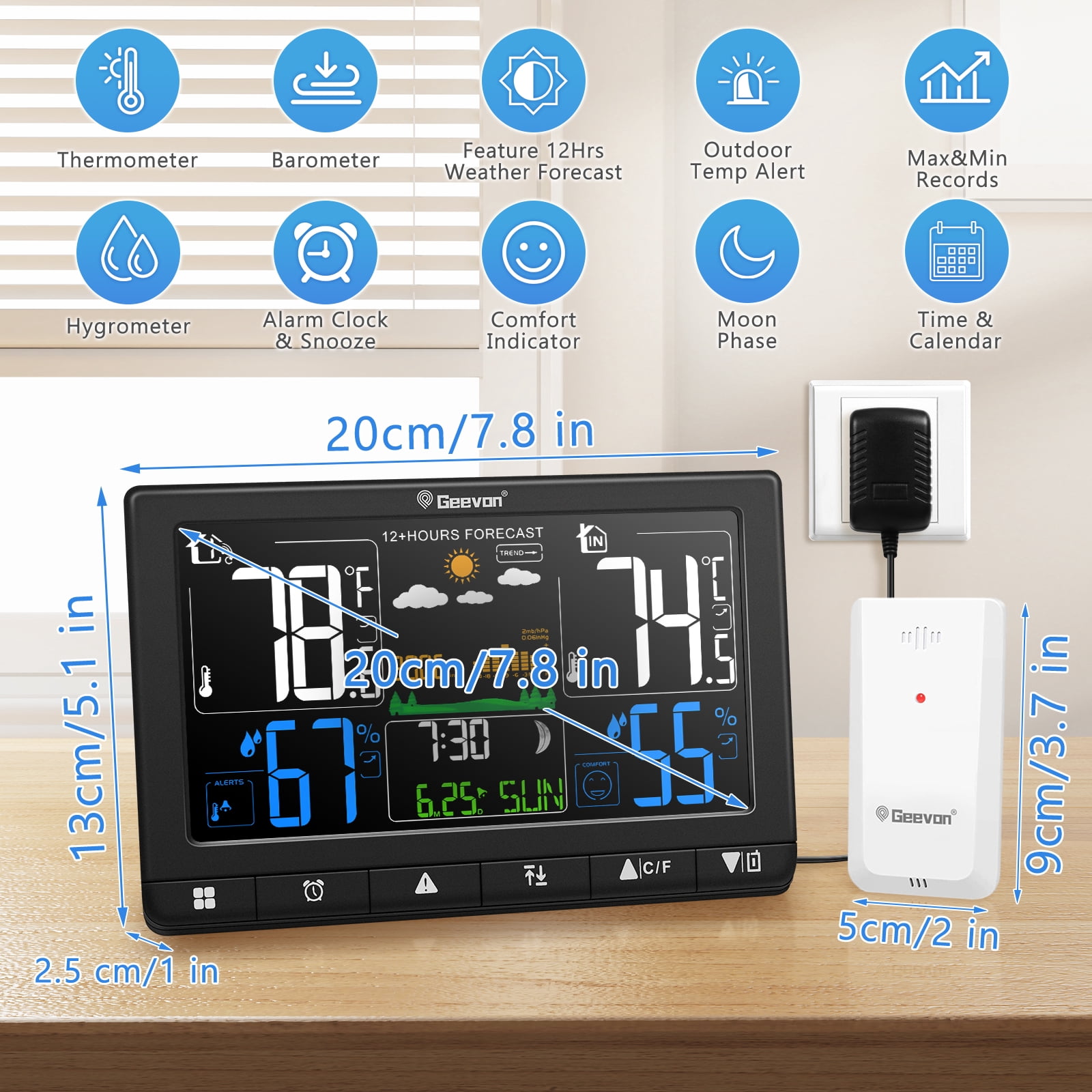 Geevon Weather Station Wireless Indoor Outdoor Thermometer, VA Color Display Digital Temperature Humidity Monitor with Barometer, Comfort Indicator, and Adjustable Backlight