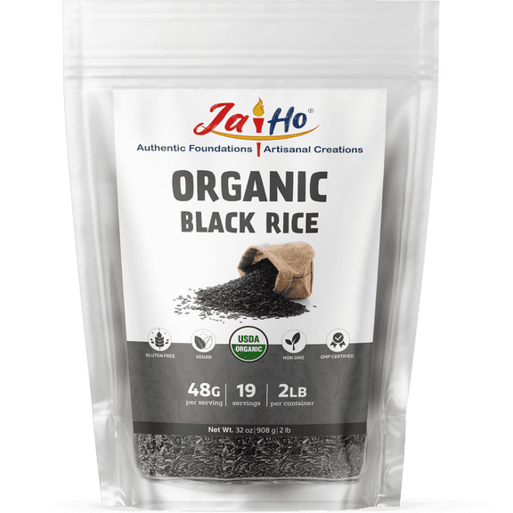 Jai Ho Certified USDA Organic Black Rice Whole Grain – 2 LB – Gluten-Free, Vegan, Non-GMO – Resealable Zip Lock Pouch