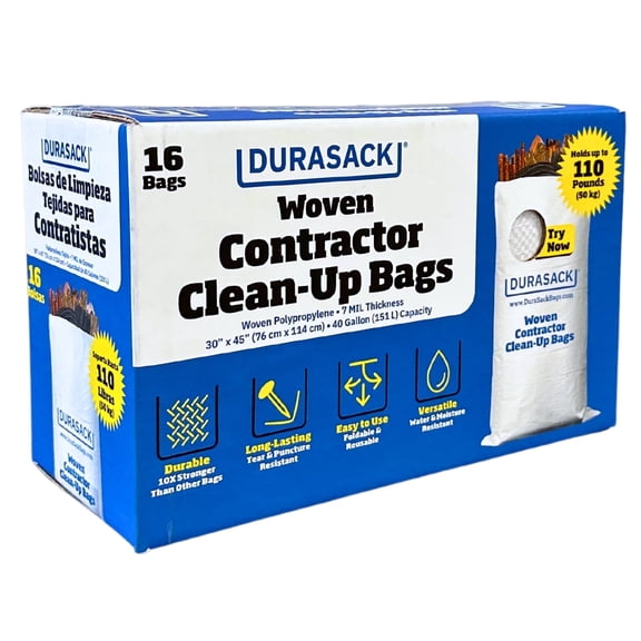 DURASACK® Woven Contractor Clean-Up Bags, Heavy Duty, 30" x 45", 40 Gallon, 16 Count
