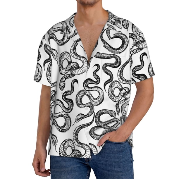 Balery Hand Drawn Snake Camisa Casual de Manga Corta con Botones para Hombre, Texturizada, Estilo Cubano, para Playa, Verano-X-Large