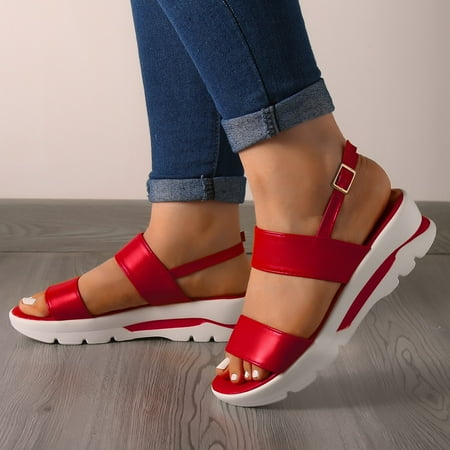 

Cathalem Fashion Spring Summer Women Sandals Casual Buckle Strap Thick Sole Wedge Heel Fish High Heel Sandals for Women Size 6 Red 7.5
