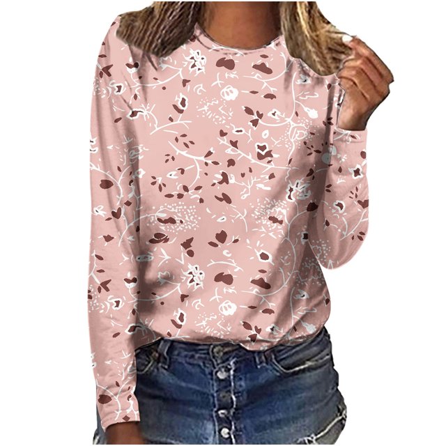 HKEJIAOI T-Shirts à Manches Longues en Polyester pour Femmes Imprimé Graphique Col Rond Blouses Habillées Décontractées Manches Longues