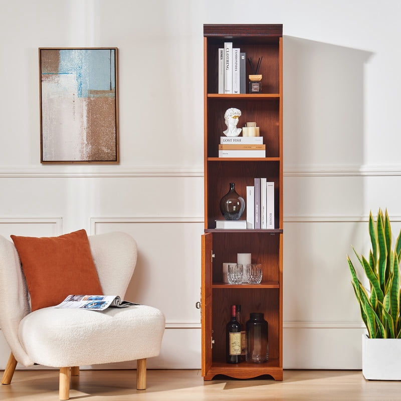 Farmhouse Storage Cabinet with Barn Door & Adjustable Shelf, Wood Bookcase for Home Office, Bookshelf with Open Display Cubbies