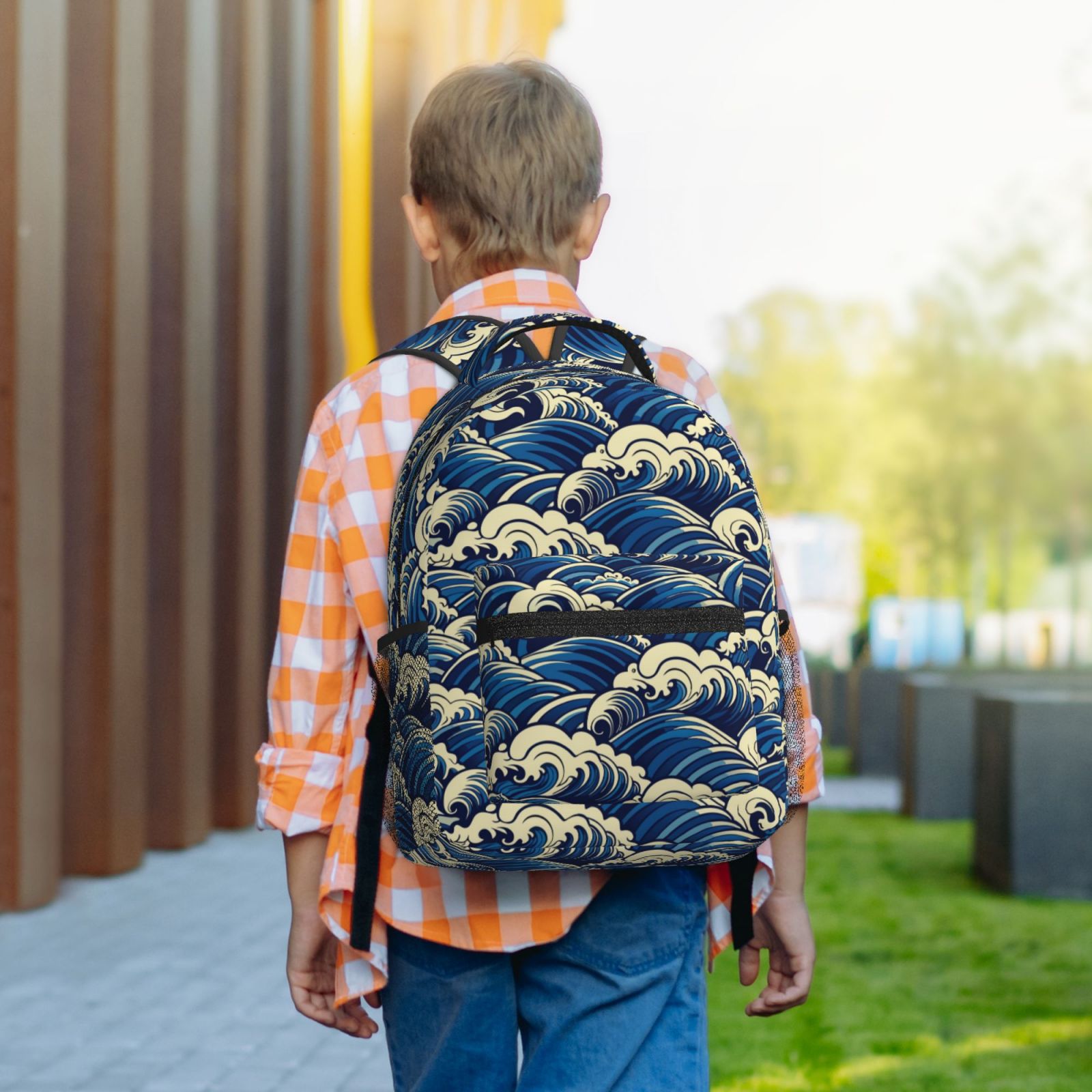 Rateoe Japanese Water Wave Pattern Durable Student Backpack Laptop Bag- Ergonomic Design, Waterproof Twill Fabric - Ideal for School, Travel, and Outdoor Activities-One Size
