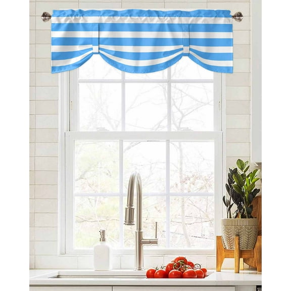 Tie Up Valance Curtain for Kitchen,Simple Blue Striped Rod Pocket Short Curtains Adjustable Tie-Up Shade Valances,Modern Geometric Line Window Treatment for Bathroom Living Room Bedroom