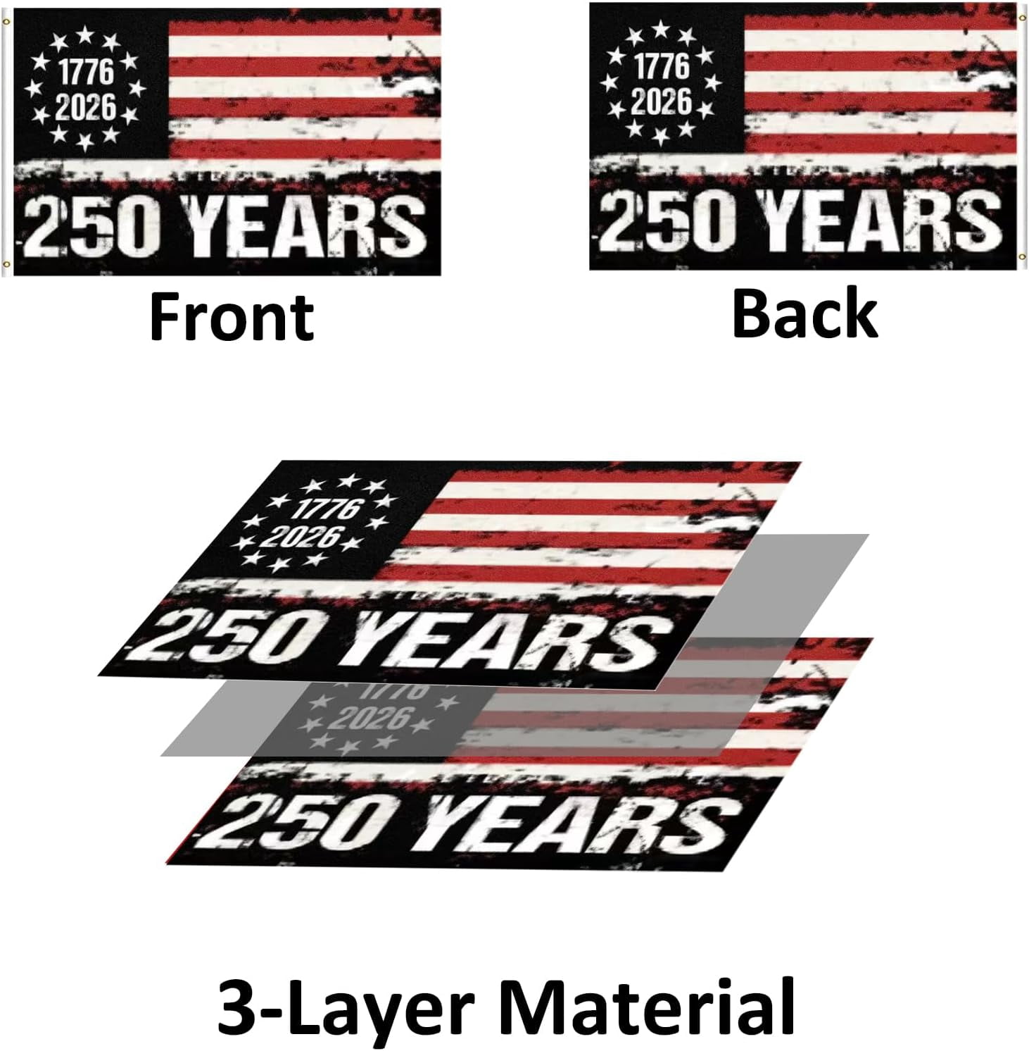 250 Anniversary USA Flag Double Sided 3 Ply 2x3 Outdoor-Heavy Duty 1776-2026 250 Year American Anniversary Commemorative Flag Banner with 2 Brass Grommets 4 Rows Stitched