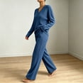 thumbnail image 4 of Women's 2 Piece Loungewear Outfits Ribbed Knit V Neck Long Sleeve Top and Wide Leg Pants Sets Soft Warm Fall Winter Casual Tracksuit Blue, 4 of 7
