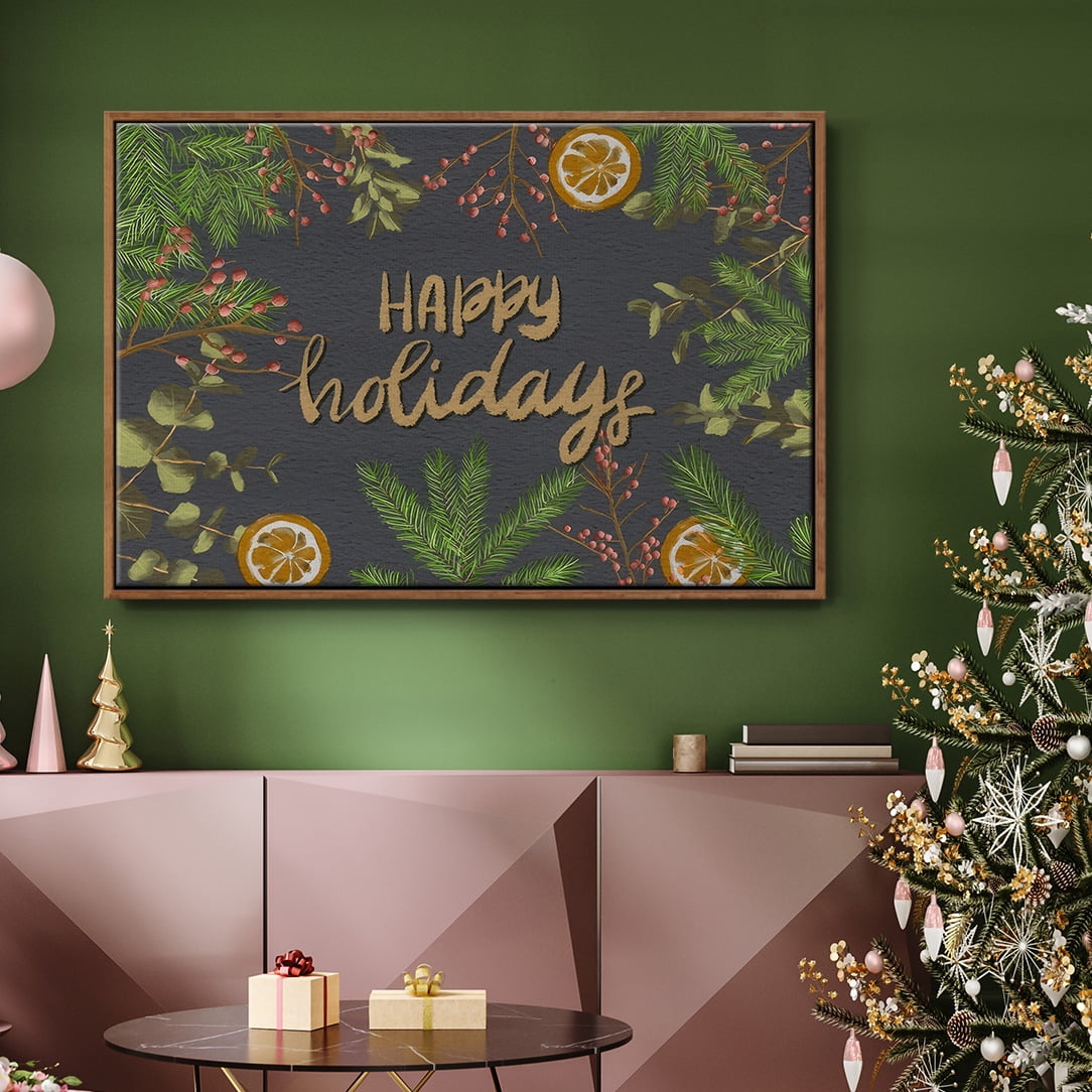 Holiday Sentiment II - Framed Gallery Wrapped Holiday Canvas - 27 x 41 - Rosewood Frame