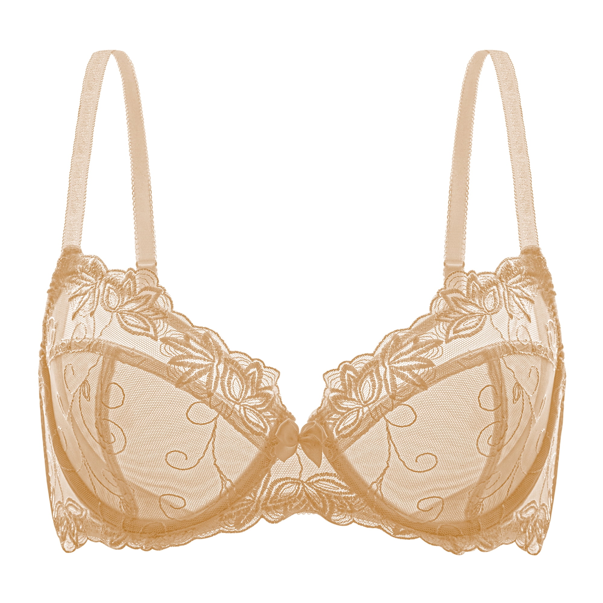 Wingslove Women's Push Up Bra Sexy Lace Balconette Plus Size Full Cup Unpadded Underwire See Through Bra,Beige 44C