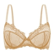 Wingslove Women's Push Up Bra Sexy Lace Balconette Plus Size Full Cup Unpadded Underwire See Through Bra,Beige 40DD