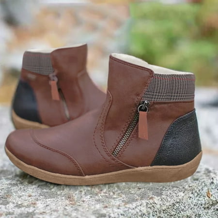 

FZM Women shoes Women s Vintage Splicing Round Toe Plus Velvet Zip Up Short Naked Boots Shoes