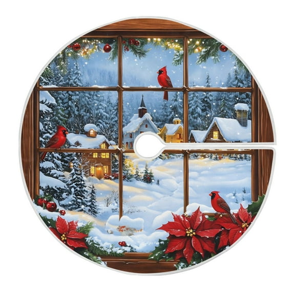 Ryvnso Christmas Tree Skirt Cardinals Poinsettia Flower Xmas Tree Skirts Ornament Home Decorations 35.4"