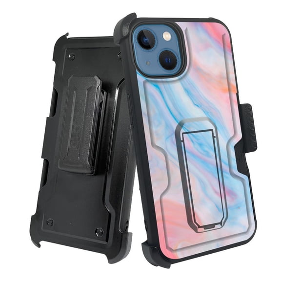 ANJ  Rugged Shockproof Holster Case w/Card Slot, Kickstand   Tempered Glass for iPhone 13 (6.1") - Pastel Marbling