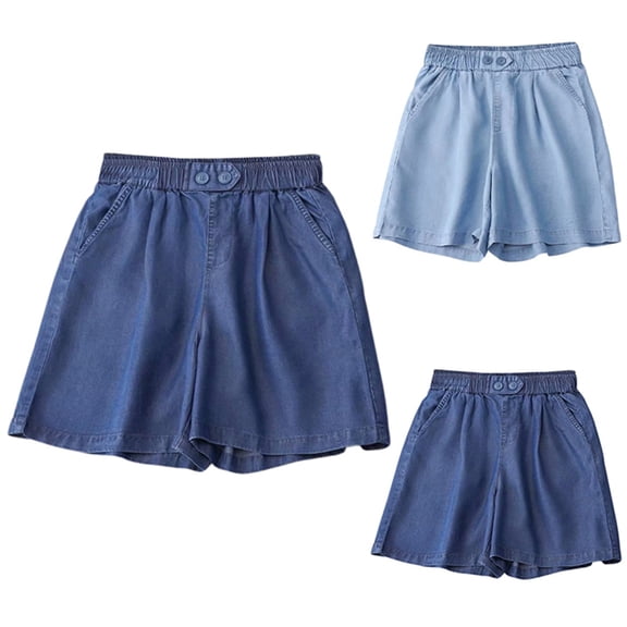 Trendfront Womens Lightweight Elastic High Waisted Wide Leg Shorts Denim Style Casual Shorts Comfortable Pull On Summer Bottoms