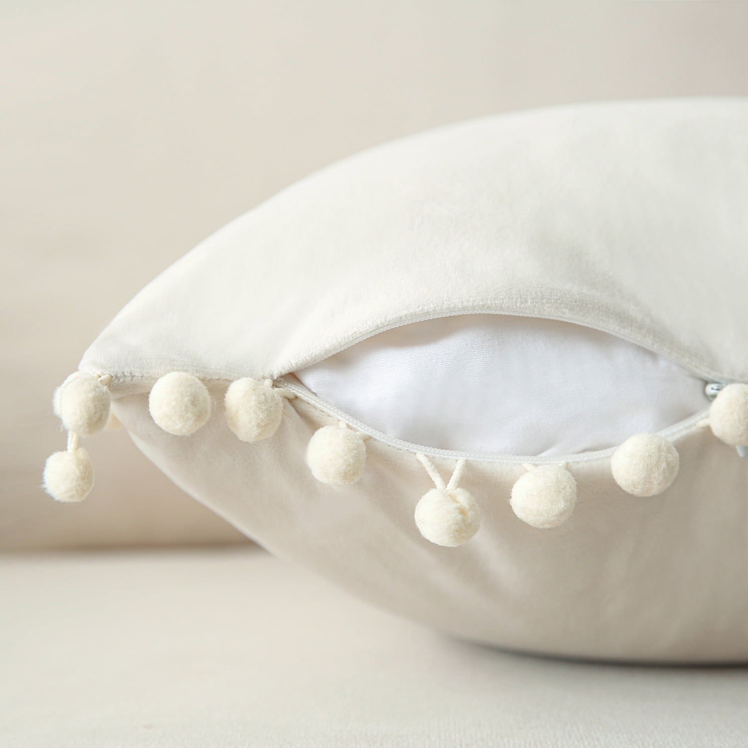 Phantoscope Pom Pom Velvet Series Decorative Throw Pillow, 18" x 18", Off White, 2 Pack