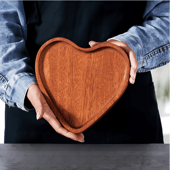 OHOB-COOL 2-Pc Heart-Shaped Acacia Wood Cheese Board Set | Reusable Charcuterie Serving Tray (8.5"x8.5")