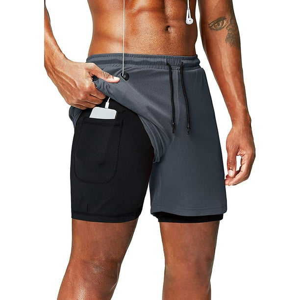 2 In 1 Running Shorts With Phone Pocket Gym Workout Quick Dry Mens Shorts 5  Inch 