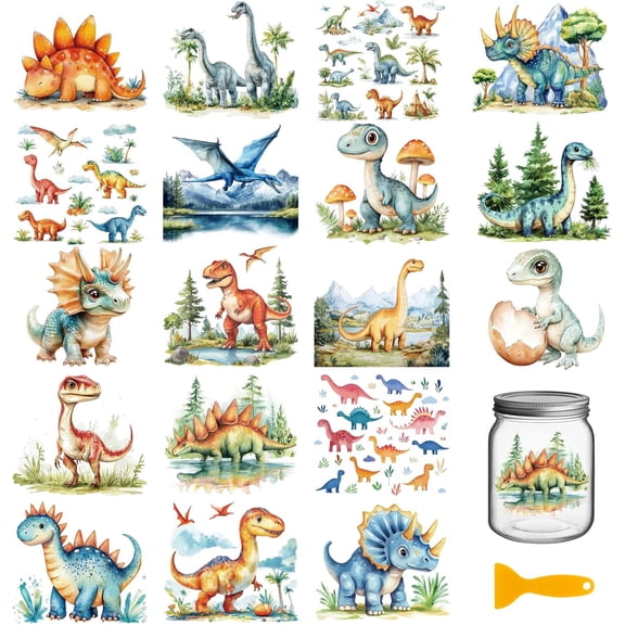 18 Sheets Dinosaur Transfer Stickers 3.9x3.6inch Decals Stickers Dinosaur and Trees Rub on Transfer for Furniture Vase Glass Mason Jar Decorations Art Crafts
