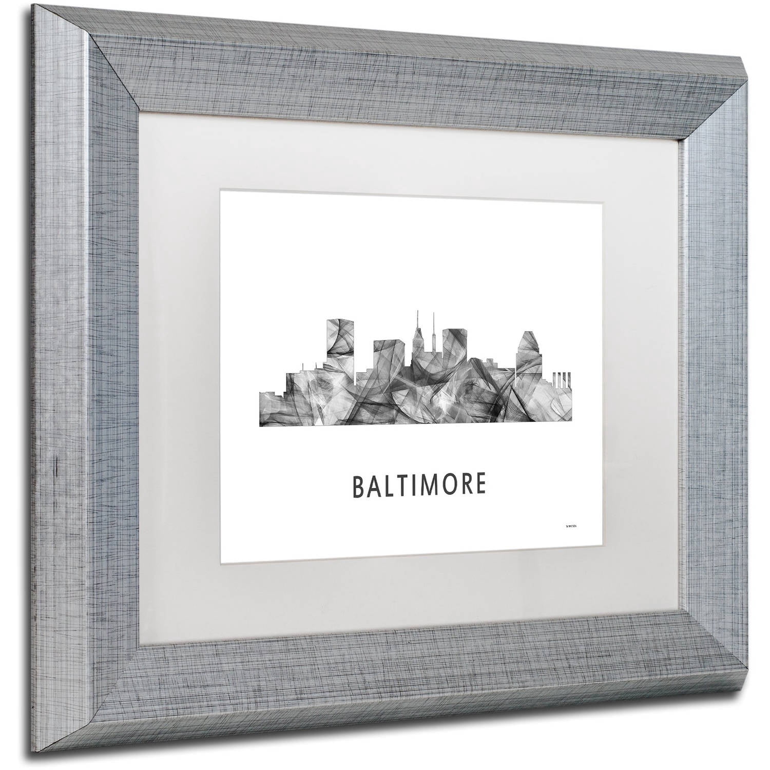 Trademark Fine Art 'Baltimore Maryland Skyline WB-BW' Canvas Art by Marlene Watson, White Matte, Silver Frame