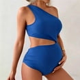 thumbnail image 5 of JIAHONG Maternity Swimsuit Cutout One Shoulder Bikini Set 2 Piece Bathing Suits with Adjustable Tie and High Waist Bottom, Blue, 5 of 5