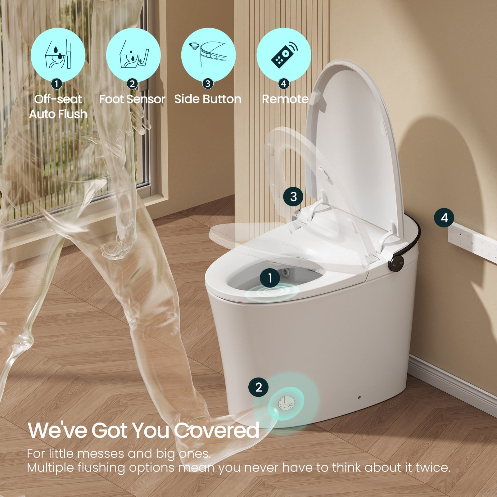 R&T FA59-T Smart Toilet – Auto Open & Flush, Heated Seat, Warm Water Bidet, Air Dryer, Dual Flush (1.1/1.6 GPF), Deodorizer, Night Light, Power Outage Flush, 2-User Presets