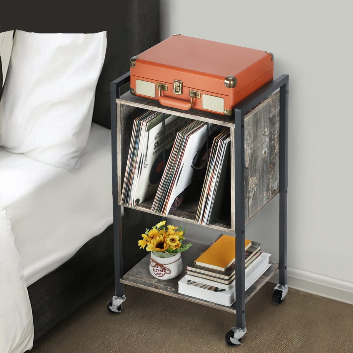 Record Player Stand End Table with Vinyl Record Storage Holder, Gray