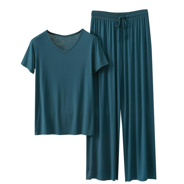 yoeyez Ensembles de Détente pour Femmes Pyjamas en Modal à Manches Courtes 2 Pcs Chandails à Col Rond et Pantalons à Jambes Larges Ensembles de Détente Pjs Vert Armée, TG