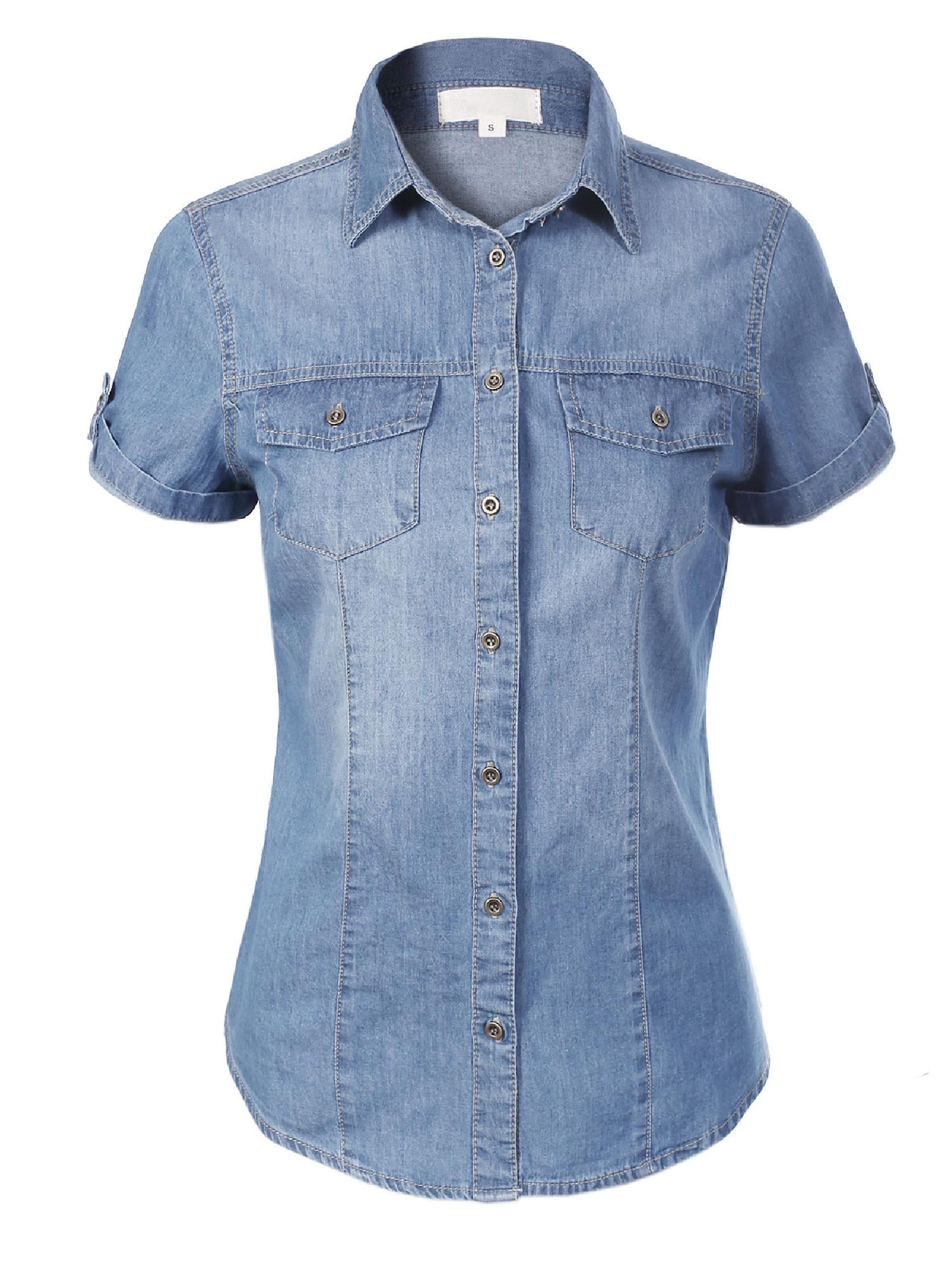 Made by Olivia Women's Cap Sleeve Button Down Denim Chambray Shirt ...