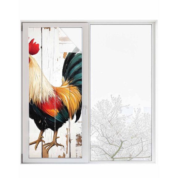 Window Privacy Film Retro Rooster Stained Glass Window Film Decorative Sun Block Window Cover Vintage Watercolor Rooster Window Clings Static Adhesive Sticker for Bathroom 23.6"x59"