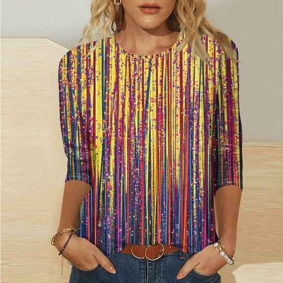 Tops for Women Plus Size 3/4 Sleeve Round Neck Print Casual T-shirt Multicolor L