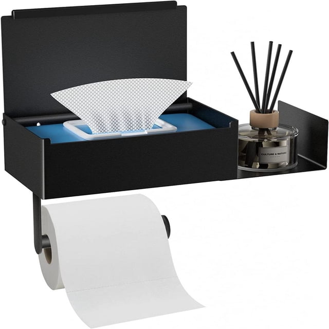 Stylish Black Stainless Steel Toilet Paper Holder with Practical Shelf
