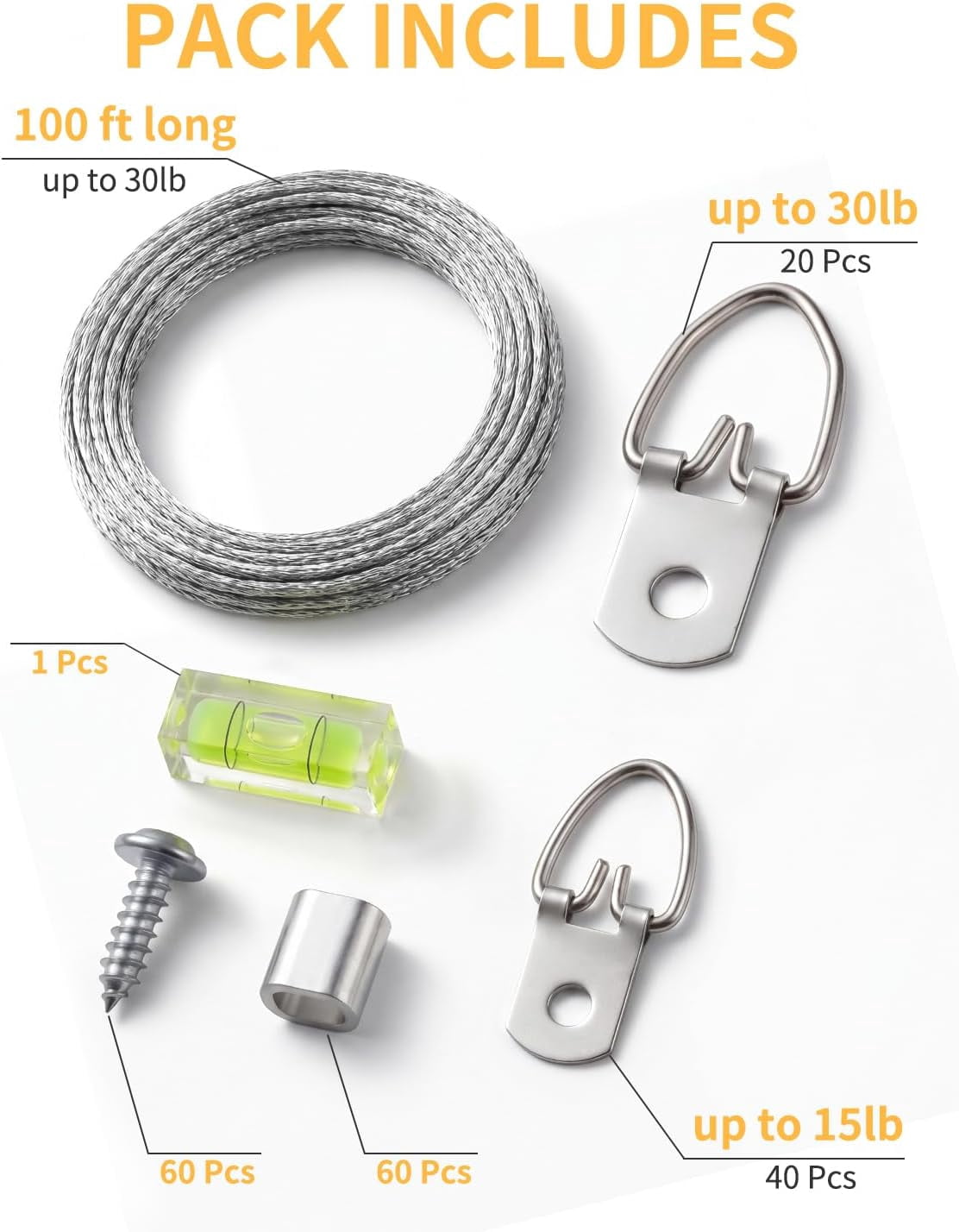 Picture Hanging Wire Kit - 100FT Braided Wire with D Ring Picture Hangers(40 Small+20 Heavy Duty), Screws, Aluminum Crimping Sleeves & Level - Wall Hanging Hardware for Canvas, Frames, Mirrors