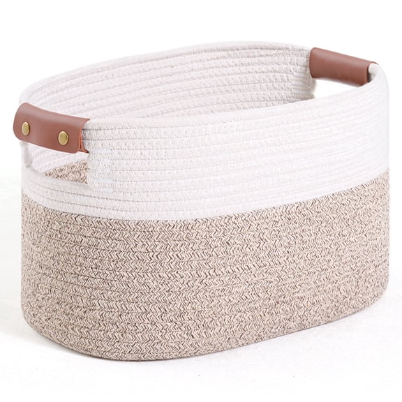 Woven Cotton Rope Storage Basket,Decorative Woven Basket,Decorative Baskets with Detachable Leather Handles (1 pack,Brown)