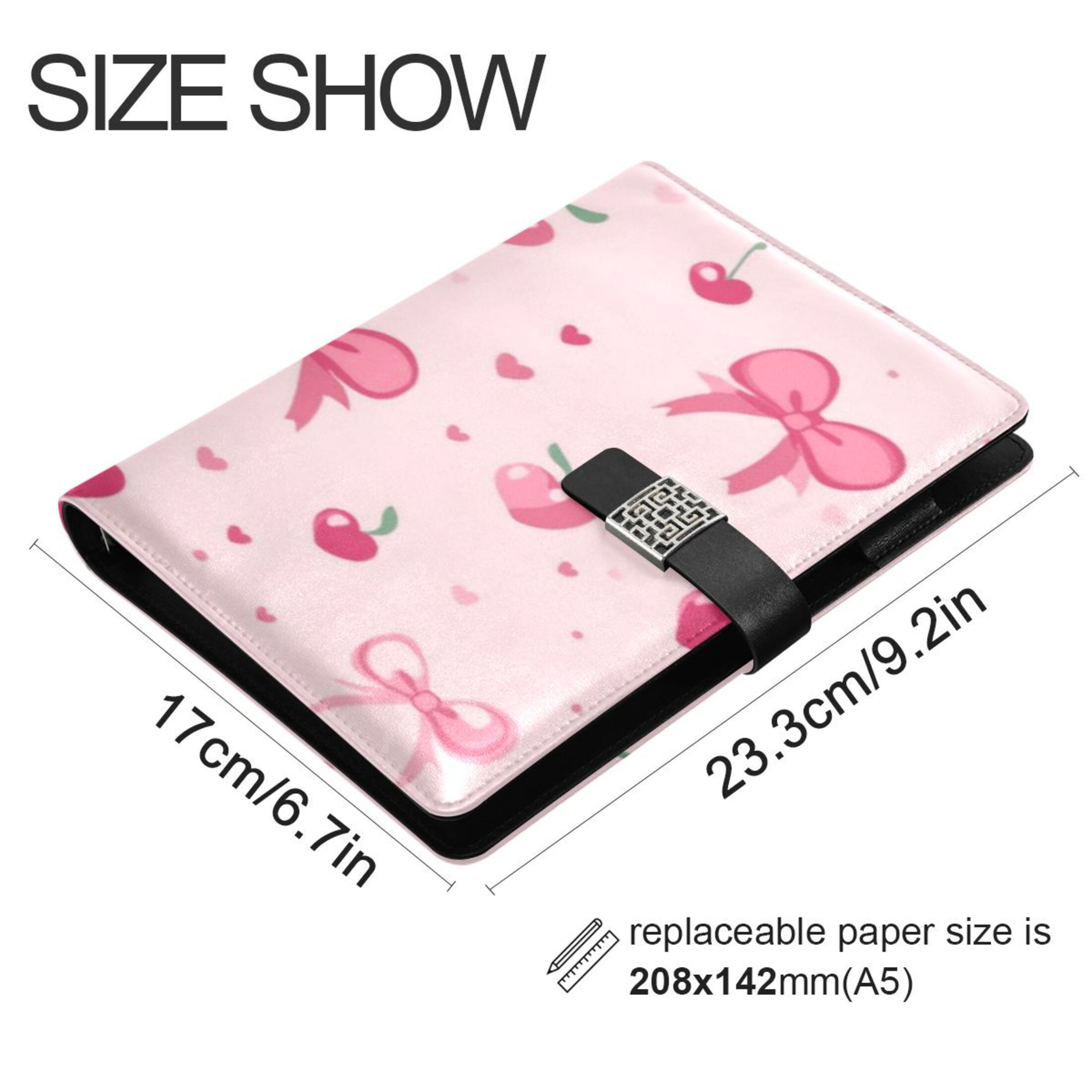 9.2x6.7 inch Leather Notebook 100 Sheets, Multi-Pocket Design & Pen Loop Bows and Hearts Pattern Refillable Journal Organizer