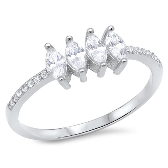 4 Clear Marquise Stones Sided By Small Round Cubic Zirconia Ring Sterling Silver 925