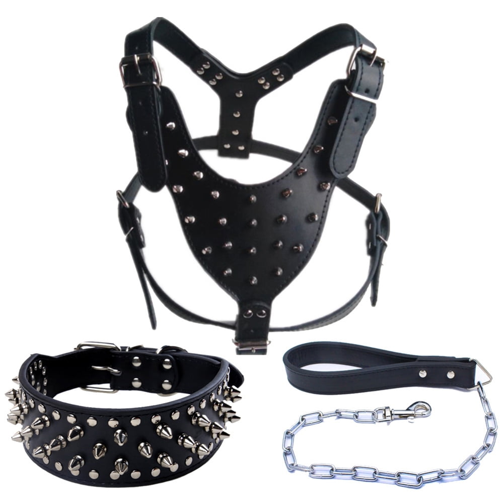 Spiked Studded Medium & Large Dog Collars & Harnesses 2Pcs Set for PitBull 