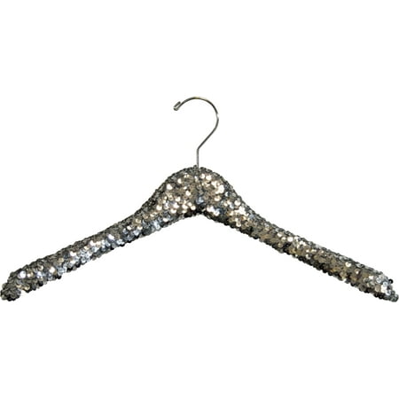 International Hanger Curved Silver Sequined Solid Wood Top Hanger, 360-Degree Swivel Hook, Decorative Sequin Covered Wooden Hanger for Shirts, Jackets, Dresses, Bridal - 6 Pack