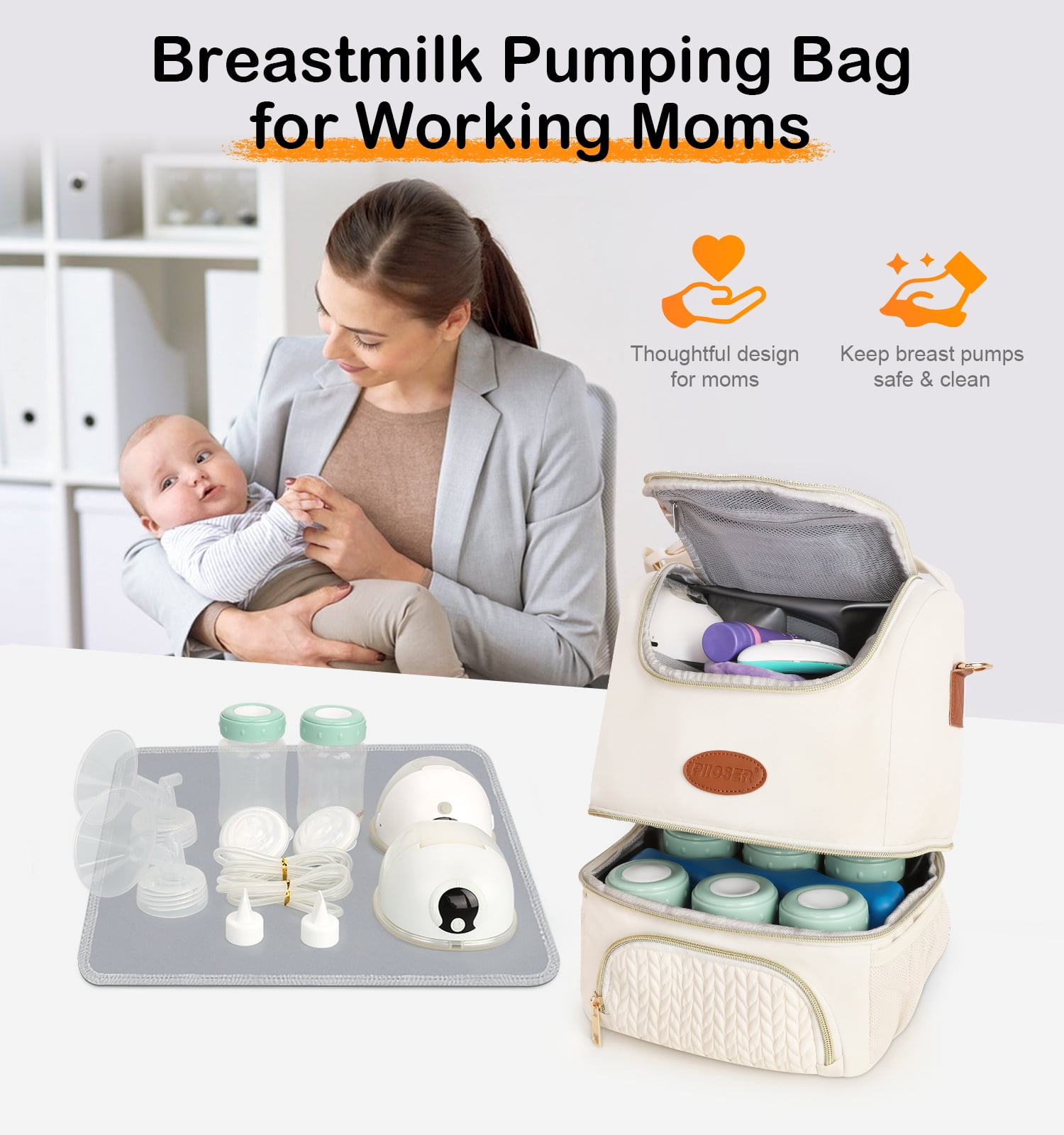 Breastmilk Cooler Bag with Ice Pack Fits 6 Baby Bottles Up to 9 Ounce, Insulated Baby Bottle Tote Bags, Double Layer Waterproof Leak-Proof with Shoulder Strap for Nursing &Working Mom