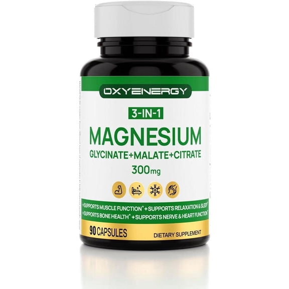 OXYENERGY 3-in-1 Magnesium Complex, 300mg Chelated Magnesium (Glycinate, Malate, Citrate), Vegan, High Absorption, 90 Capsules