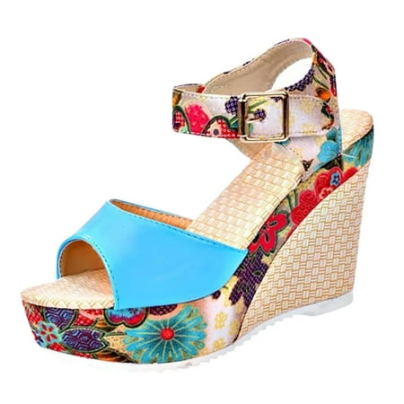 

GNEIKDEING Women Fish Mouth Platform High Heels Wedge Sandal Lace Unpositioned Printing National Style Slope Sandals Gift on Clearance