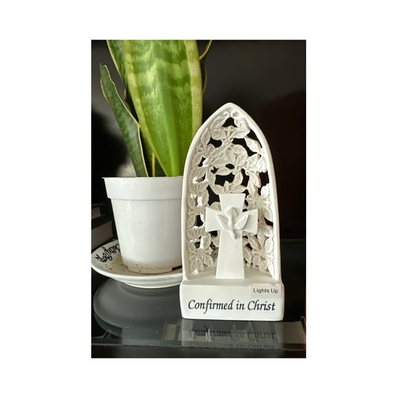 Confirmed In Christ Dove Cross w/Leafy Overhang Small Decorative Figure (5.5in)