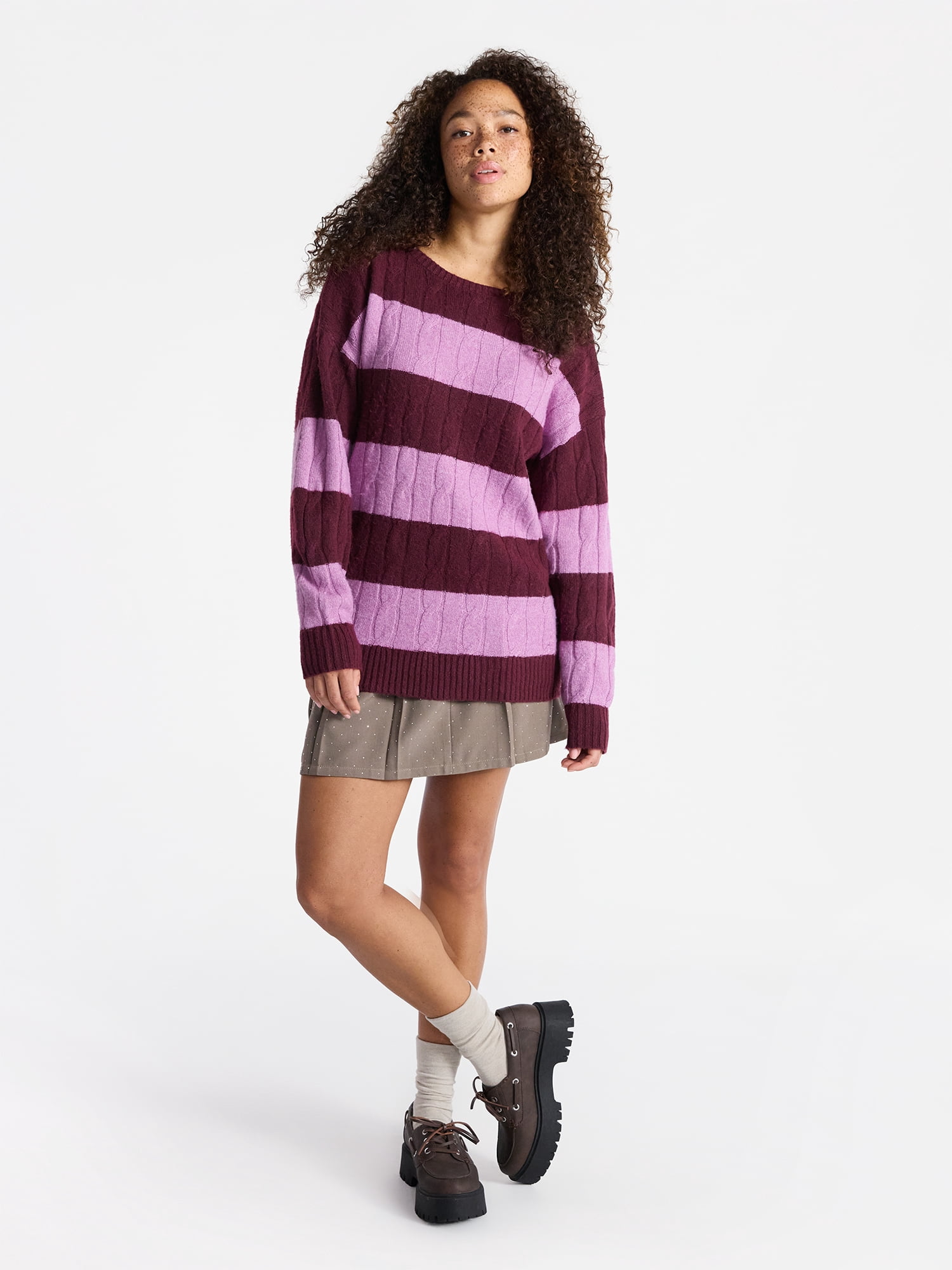No Boundaries Boatneck Pullover Cable Knit Sweater, Lightweight, Women's