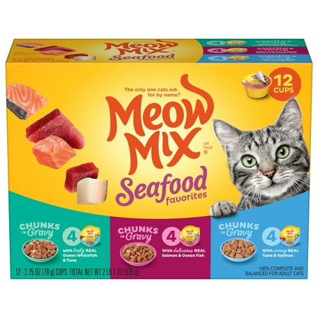 Meow Mix Savory Morsels Seafood Favorites Variety Pack, 2.75-Ounce Cans, Pack of 12