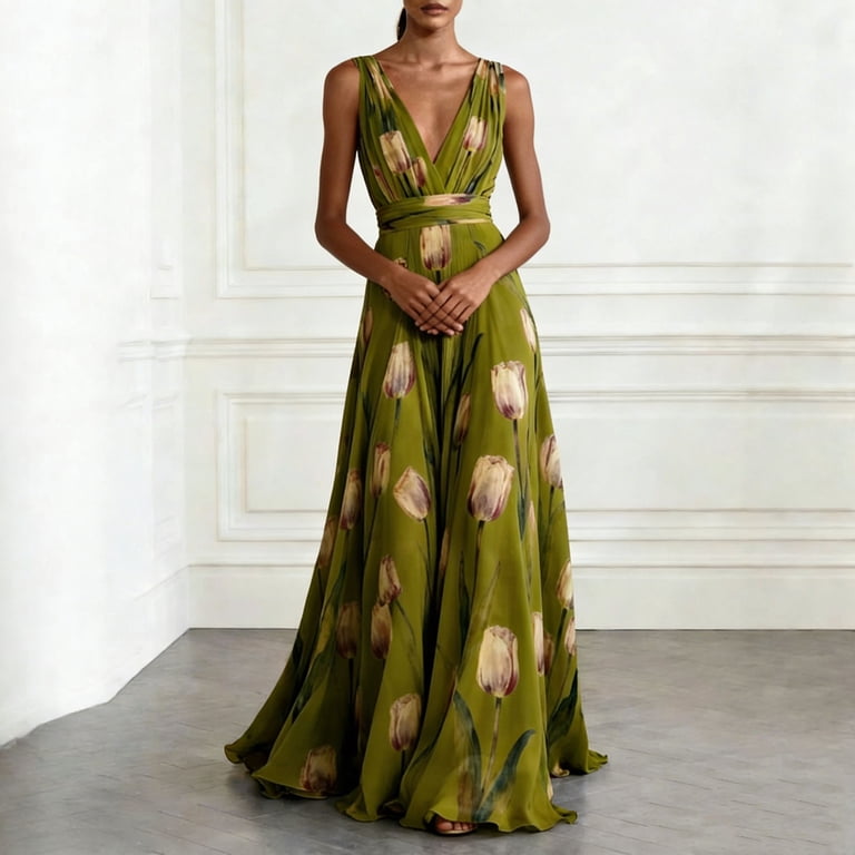 print sleeveless chiffon maxi dress Wrfwul Womens Sleeveless V Neck Chiffon Maxi Dress Tulip Floral Print Flowy Long Gown Elegant Evening Party Tank Sundresses, Women's, Size: Medium,