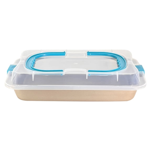 Rectangular Nonstick Baking Pan with Lid Portable Baking Tray with Folding Handle for Dough Bread Cake Food Storage Carbon Steel Pan for Ciabatta Baguette Focaccia Bread etc Champagne Gold 14.5In